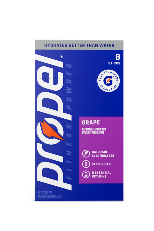 Propel Grape electrolyte powder 8-stick carton and single stick