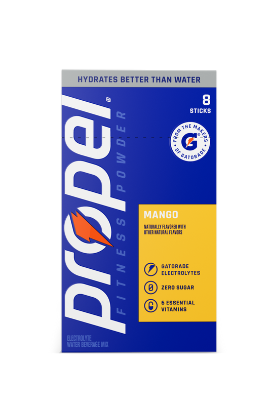 Propel Mango electrolyte powder 8-stick carton and single stick