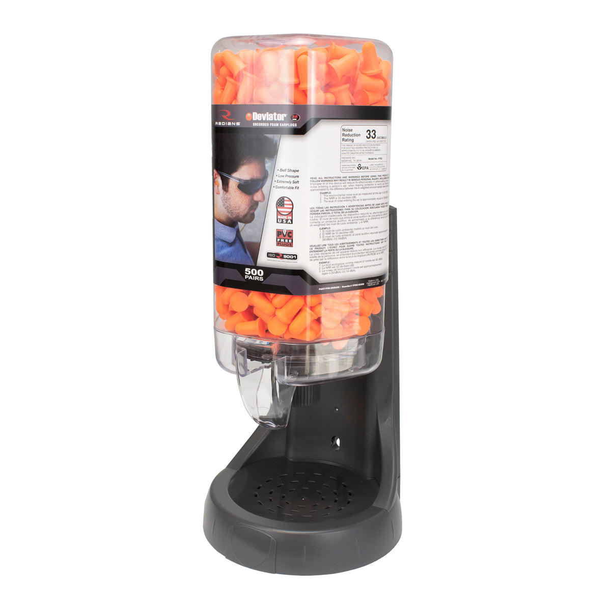 Radians FPD-500L80 - Refillable Dispenser with Deviator™ FP80 Plugs - 500 Pair - Orange