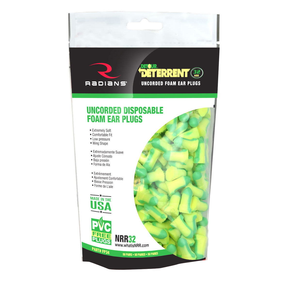 Radians FP34BG50 - Deterrent® 32 Disposable Foam Earplugs - Uncorded - 50 Pair Bag - Green / Yellow