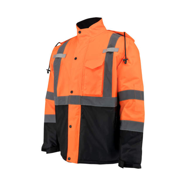 Orange and black safety jacket with reflective stripes on a white background