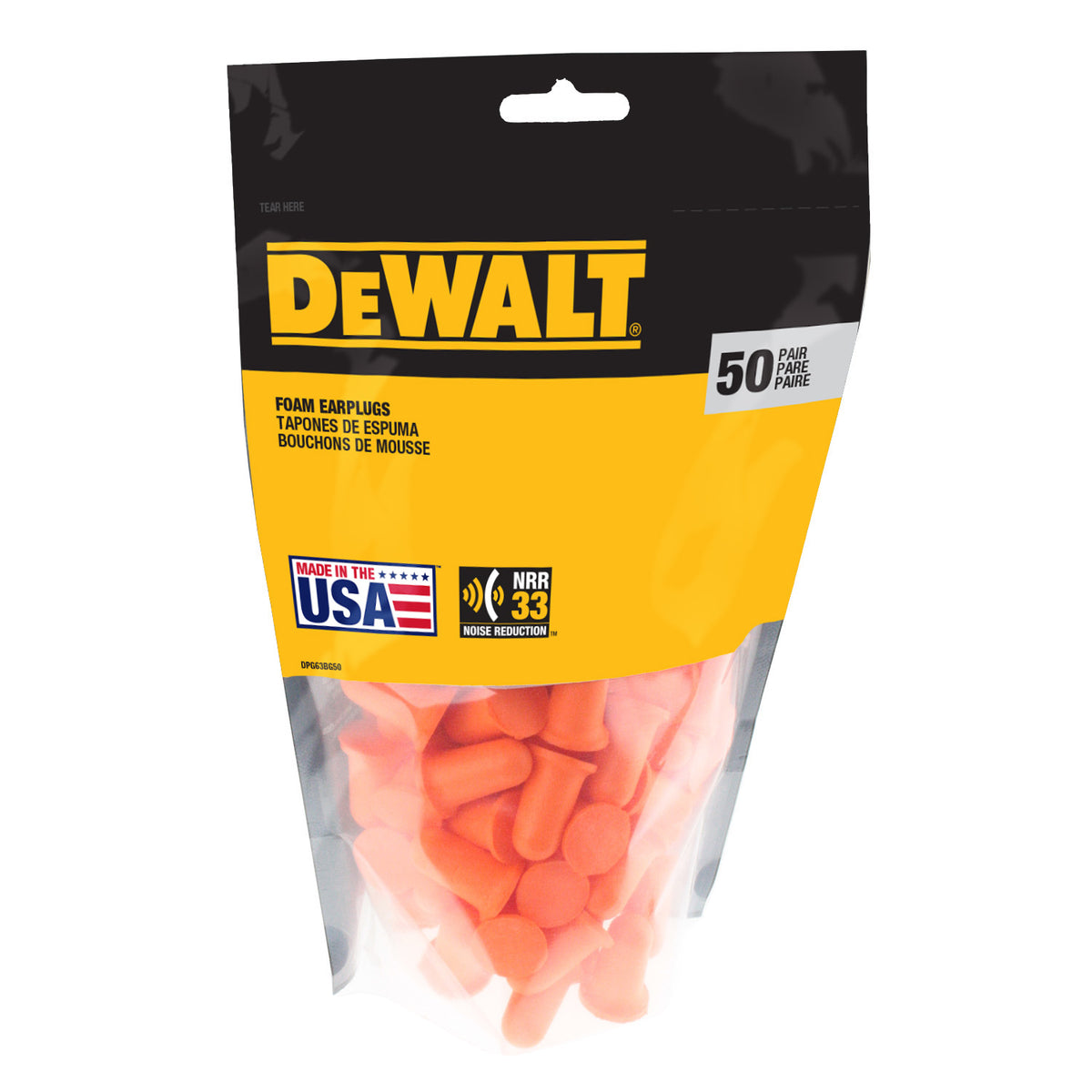 DEWALT DPG63BG50 - DPG63 Orange Bell NRR33 Foam Earplugs - Uncorded - 50 Pair Resealable Bag