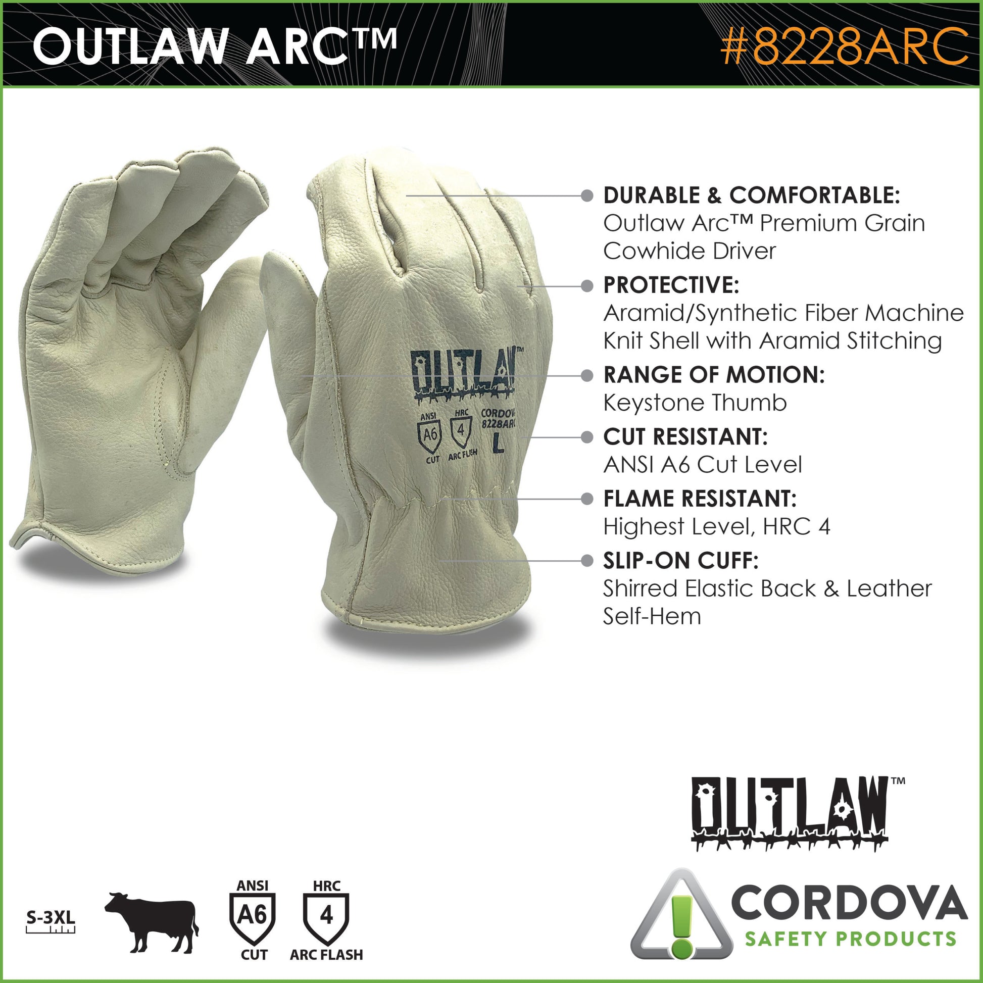 Cordova Outlaw Arc™ Premium Grain Cowhide Dri #8228ARC - 8228ARCS image 2