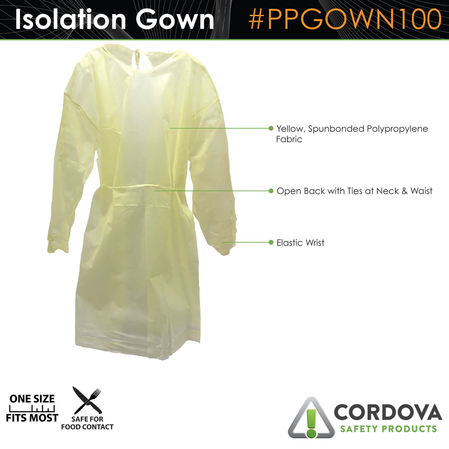 Cordova Polypropylene Gown, Yellow 25 Gsm Spunbo #PPGOWN100 image 2