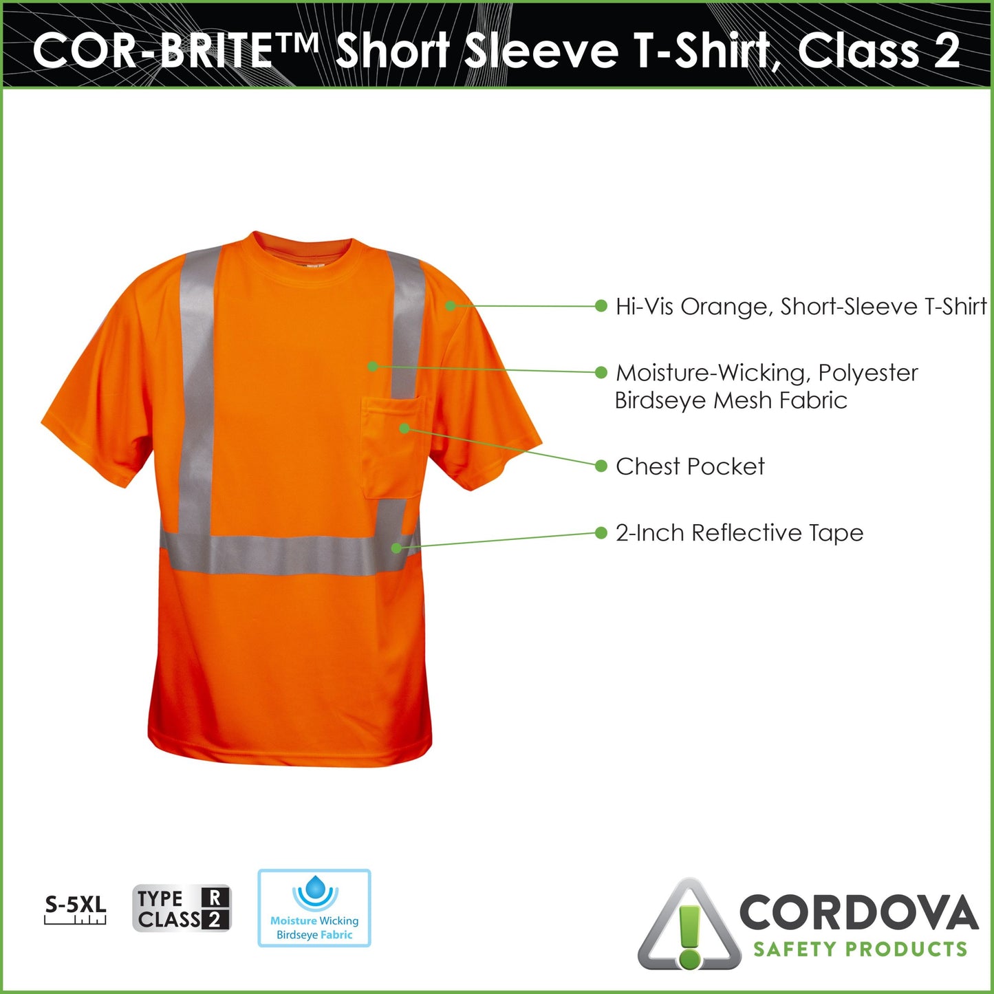 Cordova Class 2 Orange Birdseye Mesh Fabric T-sh #SPV410L image 2