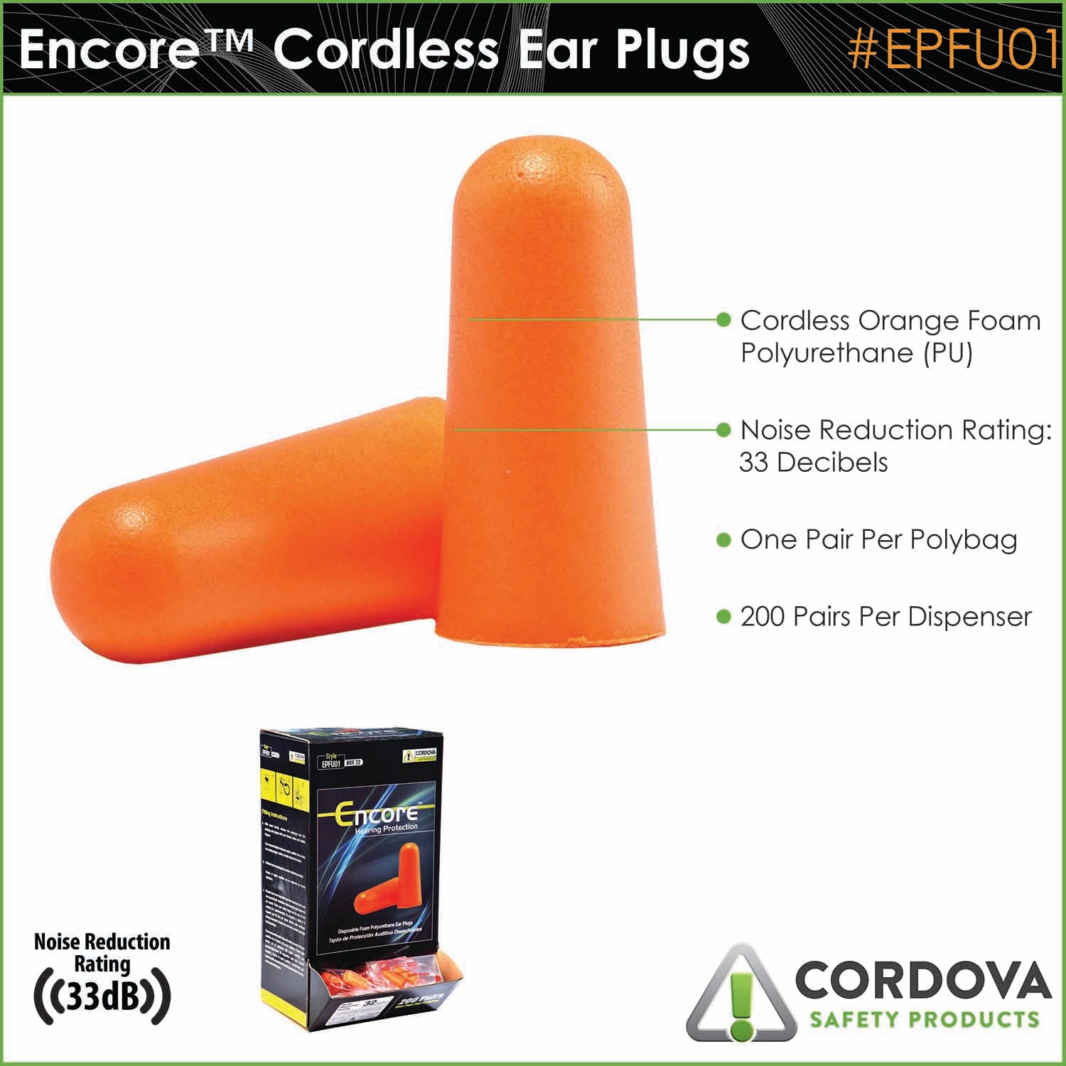 Cordova Encore™ Orange Foam PU Ear Plugs, Unc #EPFU01 image 2