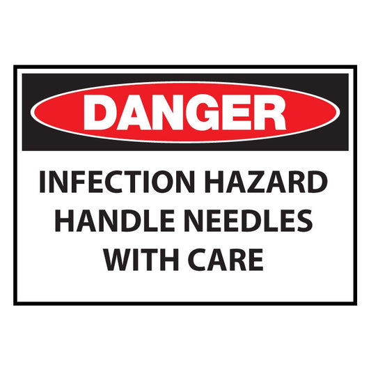 ZING 10052A Sign, Danger, Infection Hazard Handle Needles With Care, 7 x 10 in Aluminum