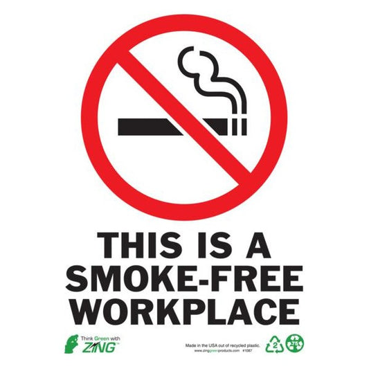 ZING 1087 Sign, Smokefree Workplace, 10 x 7 in, Plastic