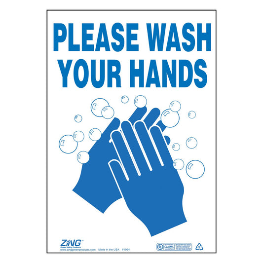 ZING 1964 Wash Hands Sign 10 x 7 in Plastic