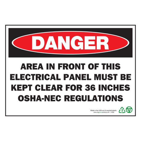 ZING 2089 Sign, Danger Electrical Panel, 10 x 14 in, plastic