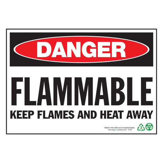 ZING 2125 Sign, Danger Flammable Keep Flames And Heat Away, 10 x 14 in, Plastic
