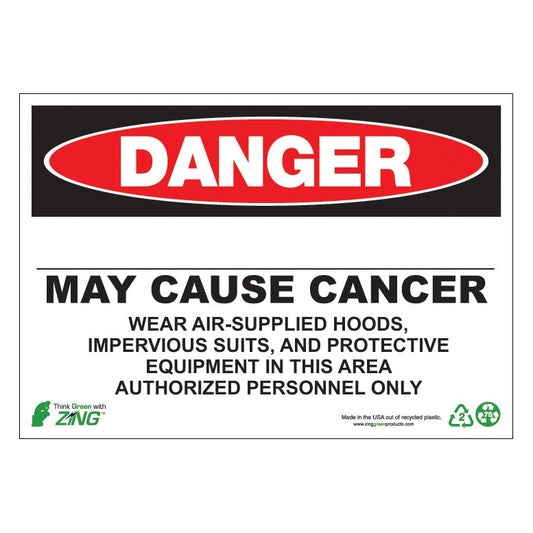 ZING 2674A Sign, Danger, 10 x 14 in, Write-In-Area May Cause Cancer With PPE Verbiage, Aluminum