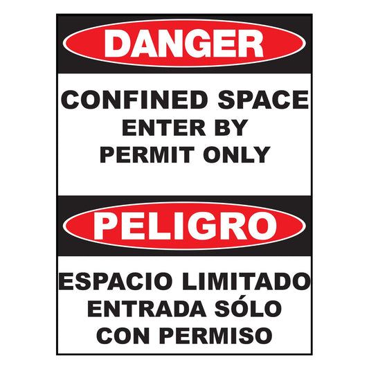 ZING 2988 Sign, Bilingual, Danger, Confined Space Enter By Permit Only 14 x 10 in Plastic