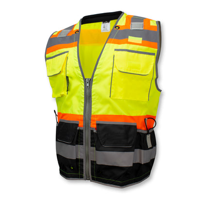 Radians SV55B - Class 2 Heavy Woven Color Blocked Two Tone Engineer Vest - Hi-Vis Green / Black