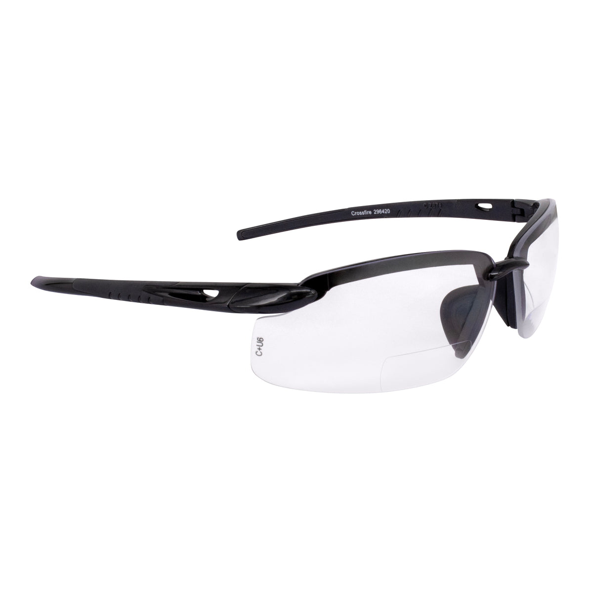 Crossfire ES5-MAG - ES5 Magnifier Safety Eyewear - Crystal Black Frame - Polarized Smoke Lens - 1.5 Diopter - Pearl Gray / Clear